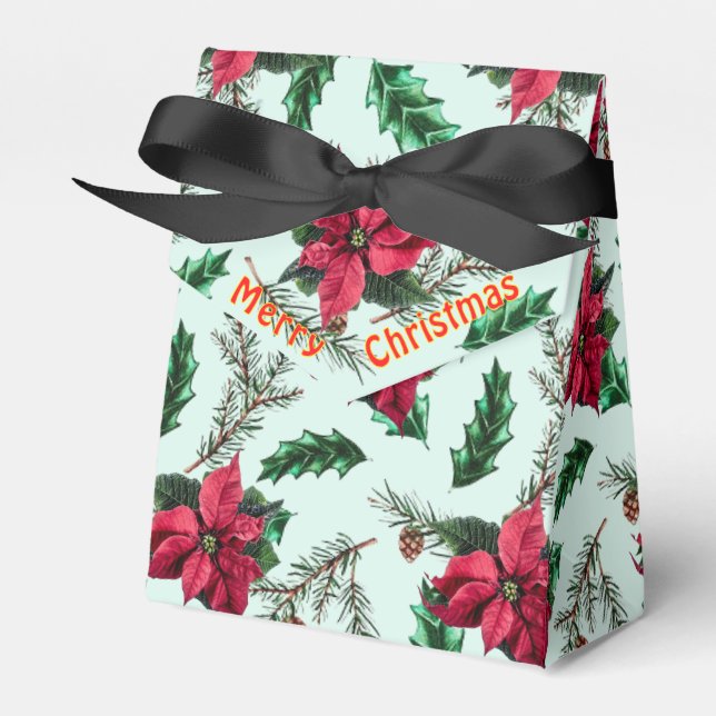 Merry Christmas Red Poinsettia Greenery Gift Box (Front Side)