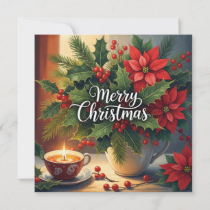 Merry Christmas Red Poinsettia, Holly Berry Holiday Card
