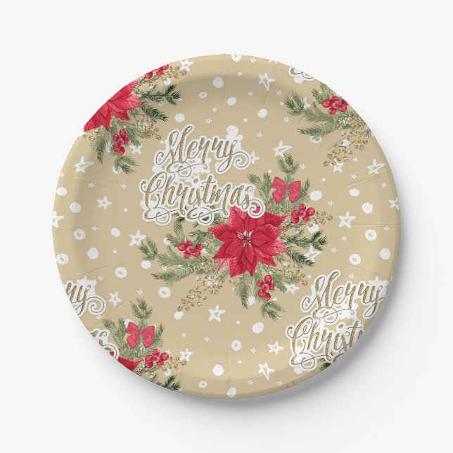 Merry Christmas Red Poinsettia Paper Plate (Front)