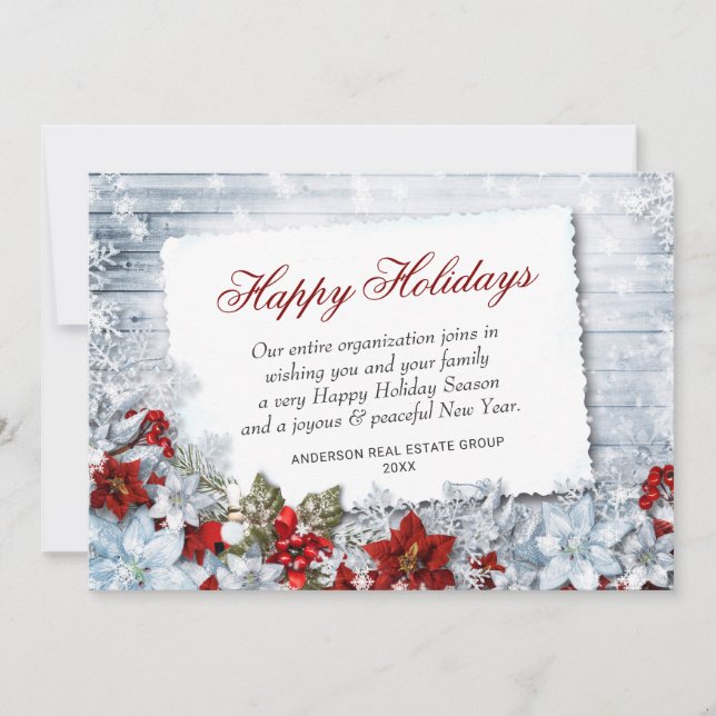 Merry Christmas Red Poinsettia Rustic Holiday Card (Front)