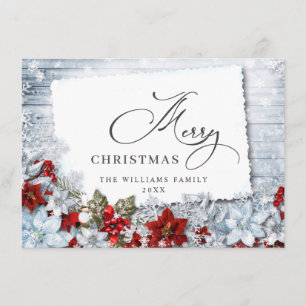 Merry Christmas Red Poinsettia Rustic Wood Holiday Card