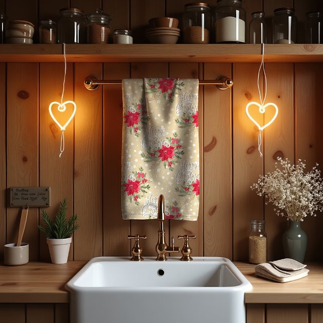 Merry Christmas Red Poinsettia Tea Towel (Creator Uploaded)