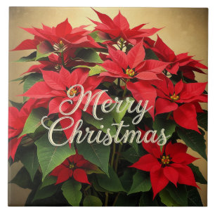 Merry Christmas Red Poinsettias Ceramic Tile