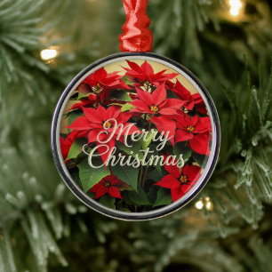 Merry Christmas Red Poinsettias Metal Ornament