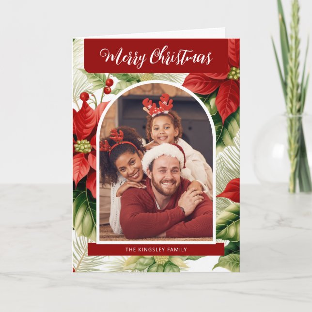 Merry Christmas Red Poinsettias Personalised Photo Holiday Card (Front)