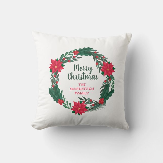 Merry Christmas Red Poinsettias Wreath Cushion (Front)