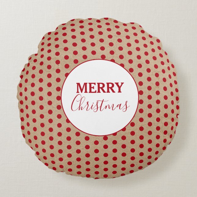 Merry Christmas Red Polka Dots Kraft Rustic Round Cushion (Front)