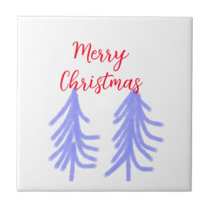 Merry Christmas red purple pastel pine tree waterc Ceramic Tile