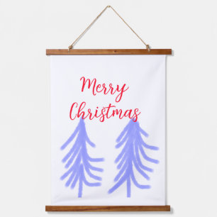 Merry Christmas red purple pastel pine tree waterc Hanging Tapestry