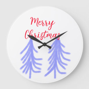 Merry Christmas red purple pastel pine tree waterc Large Clock