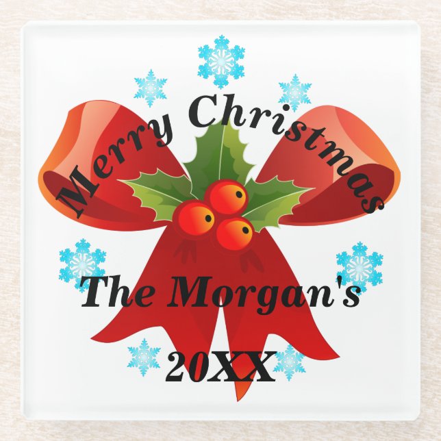 Merry Christmas Red Ribbon Holly Berry Glass Coaster (Front)