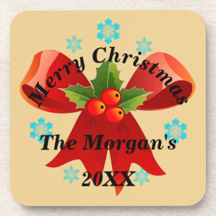 Merry Christmas Red Ribbon Holly Leaf Coaster