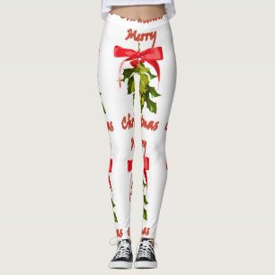 merry christmas red ribboned mistletoe leggings