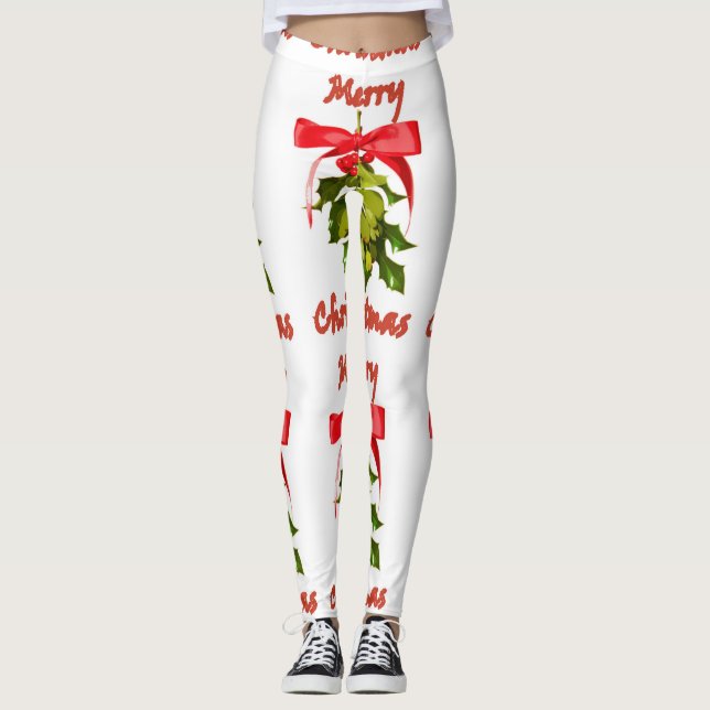 merry christmas red ribboned mistletoe leggings (Front)