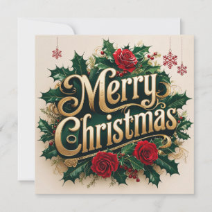 Merry Christmas Red Roses and Berries Holiday Card