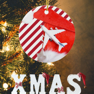 Merry Christmas Red Santa Hat & Aeroplane,Stripes Ceramic Ornament