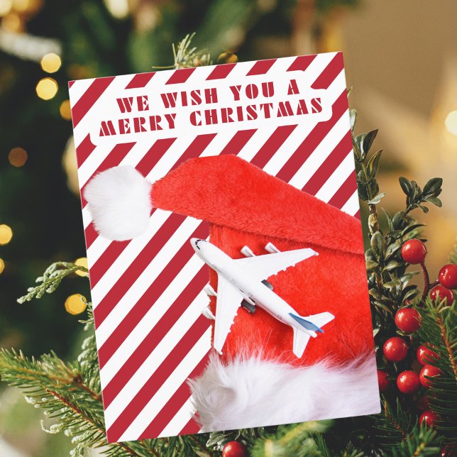 Merry Christmas Red Santa Hat & Aeroplane,Stripes Holiday Postcard (Creator Uploaded)