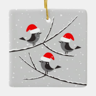Merry Christmas Red Santa Hat Birds Ceramic Ornament
