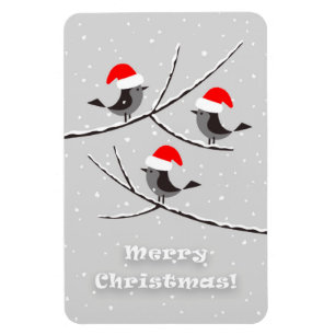 Merry Christmas Red Santa Hat Birds Magnet