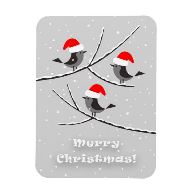 Merry Christmas Red Santa Hat Birds Magnet (Vertical)