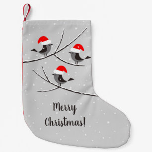 Merry Christmas Red Santa Hat Birds Snow Small Christmas Stocking