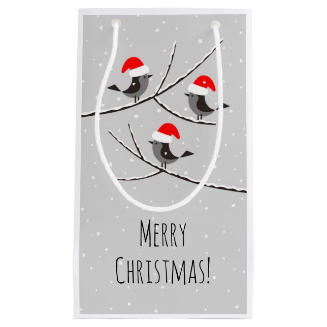 Merry Christmas Red Santa Hat Birds Snow Small Gif Gift Bag (Front)