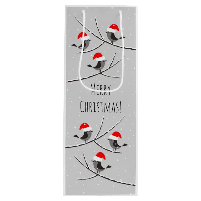 Merry Christmas Red Santa Hat Birds Snow Wine Gift Bag (Front)