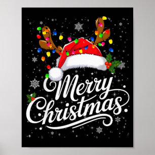 Merry Christmas Red Santa Hat Reindeer Family Xmas Poster