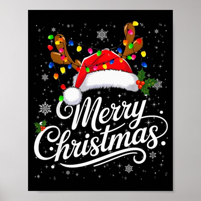 Merry Christmas Red Santa Hat Reindeer Family Xmas Poster (Front)
