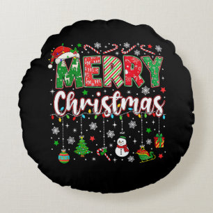 Merry Christmas Red Santa Hat Reindeer Santa Match Round Cushion
