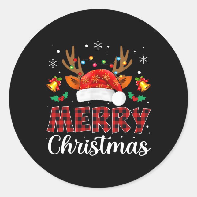 Merry Christmas Red Santa Hat Reindeer Xmas Family Classic Round Sticker (Front)