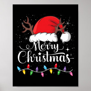 Merry Christmas Red Santa Hat Reindeer Xmas Family Poster