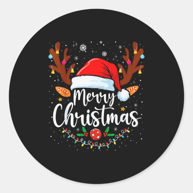 Merry Christmas Red Santa Hat Reindeer Xmas Matchi Classic Round Sticker (Front)