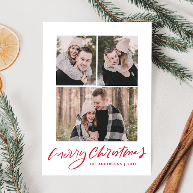 Merry Christmas Red Script 3 Photo Collage Holiday Card (Creator Uploaded)