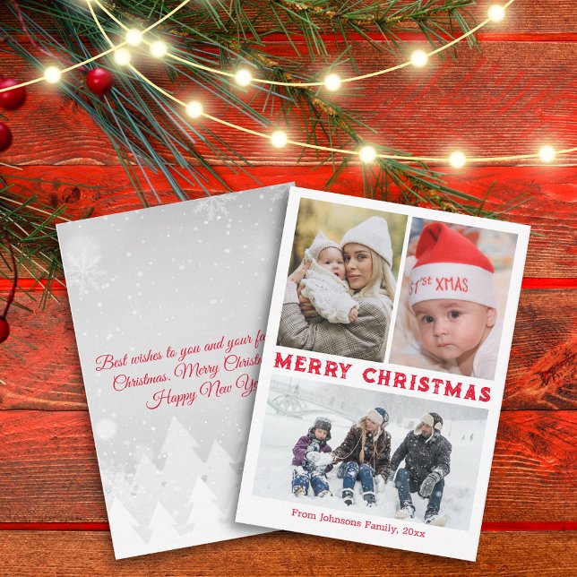 merry christmas red script 3 photos collage  card (Creator Uploaded)
