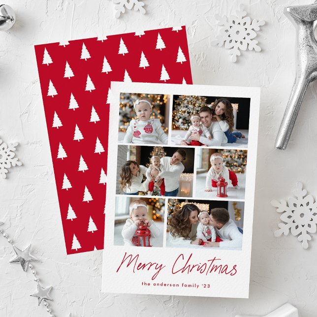 Merry Christmas Red Script 6 Photo Collage Holiday Card (Creator Uploaded)