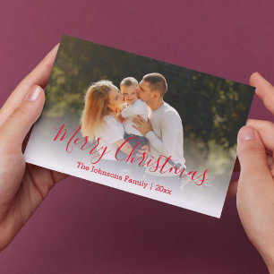 merry christmas red script faded family photo card