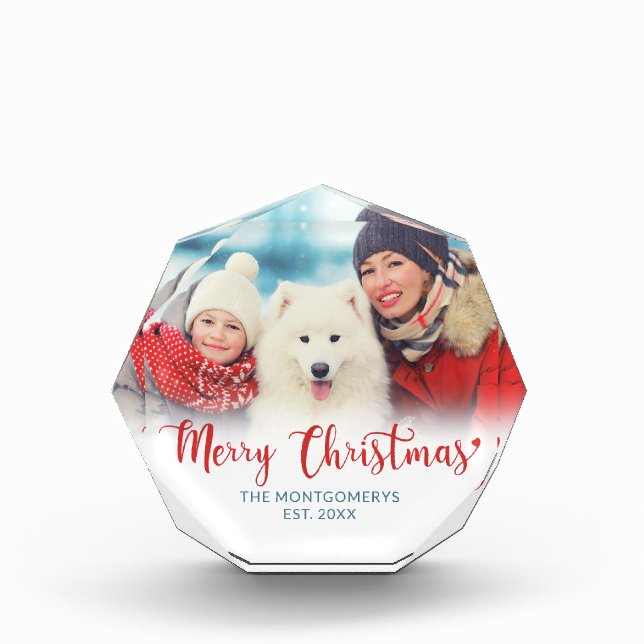 Merry Christmas Red Script Family Dog Photo Block (Front)