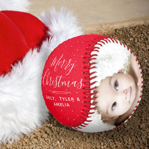 Merry Christmas Red Script Family Photo Collage Baseball
