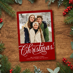 Merry Christmas Red Script Family Photo Holiday Card