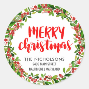 Merry Christmas Red Script Holiday Return Address Classic Round Sticker