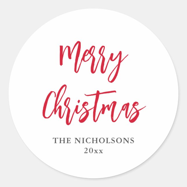 Merry Christmas Red Script Modern Holiday Classic Round Sticker (Front)