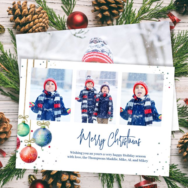 Merry Christmas Red Script Photo Collage Holiday Card (Merry Christmas photo card with multi photo template. )