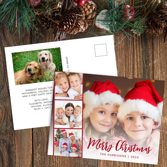 Merry Christmas Red Script Photo Holiday Postcard (Share the love and warmth of the holiday season with this personalized photo Christmas postcard)