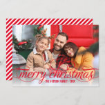 Merry Christmas Red Script Photo Overlay Holiday Card<br><div class="desc">Simply chic holiday photo greeting card features "Merry Christmas" in a modern beautiful script with scrolling detail in Red.  Red diagonal stripes add interest to the back of the card - use "customise it" to edit the red background colour.</div>