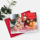 Merry Christmas Red Script Photo Overlay Holiday Card<br><div class="desc">Simply chic holiday photo greeting card features "Merry Christmas" in a modern beautiful script with scrolling detail in Red.  Red diagonal stripes add interest to the back of the card - use "customise it" to edit the red background colour.</div>