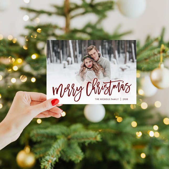 Merry Christmas Red Script Photo Overlay Holiday Card (Creator Uploaded)