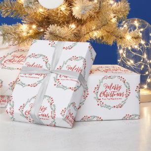 Merry Christmas red script rustic wreath custom Wrapping Paper