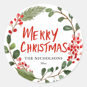 Merry Christmas Red Script Watercolor Holly Wreath Classic Round Sticker