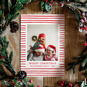 Merry Christmas. Red simple modern stripes photo Holiday Card